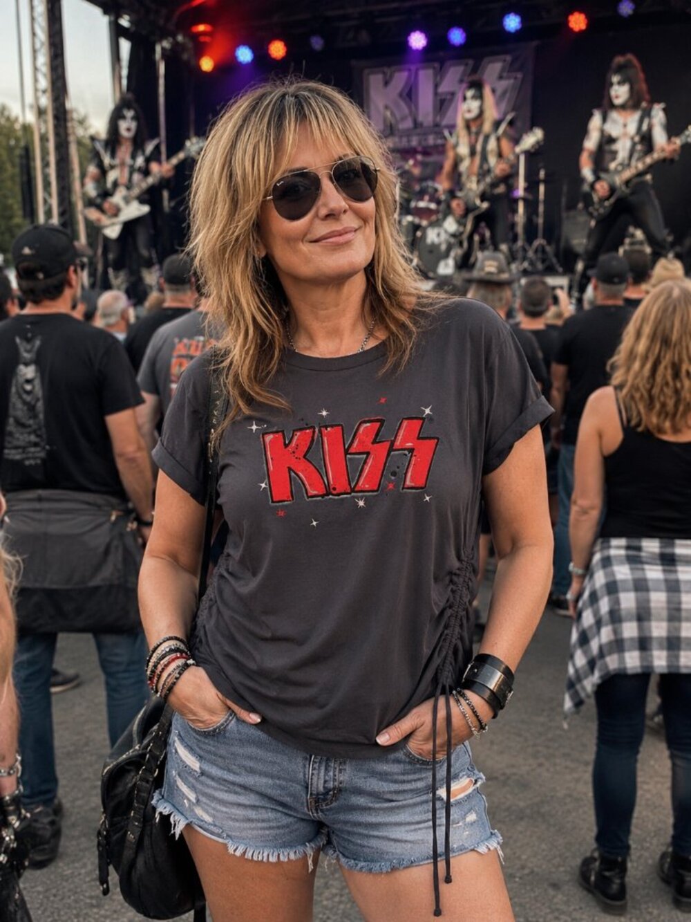 Vintage inspired KISS Band Tee Women's Gray and Navy SZ L RockStar EMO